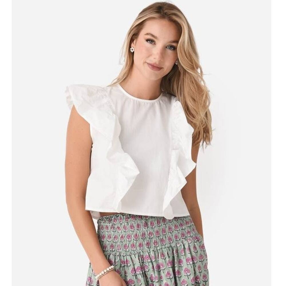 DELUC Coma White Cotton Blouse Top S NWT Ruffle Sleeve Boho Chic Quiet Luxury